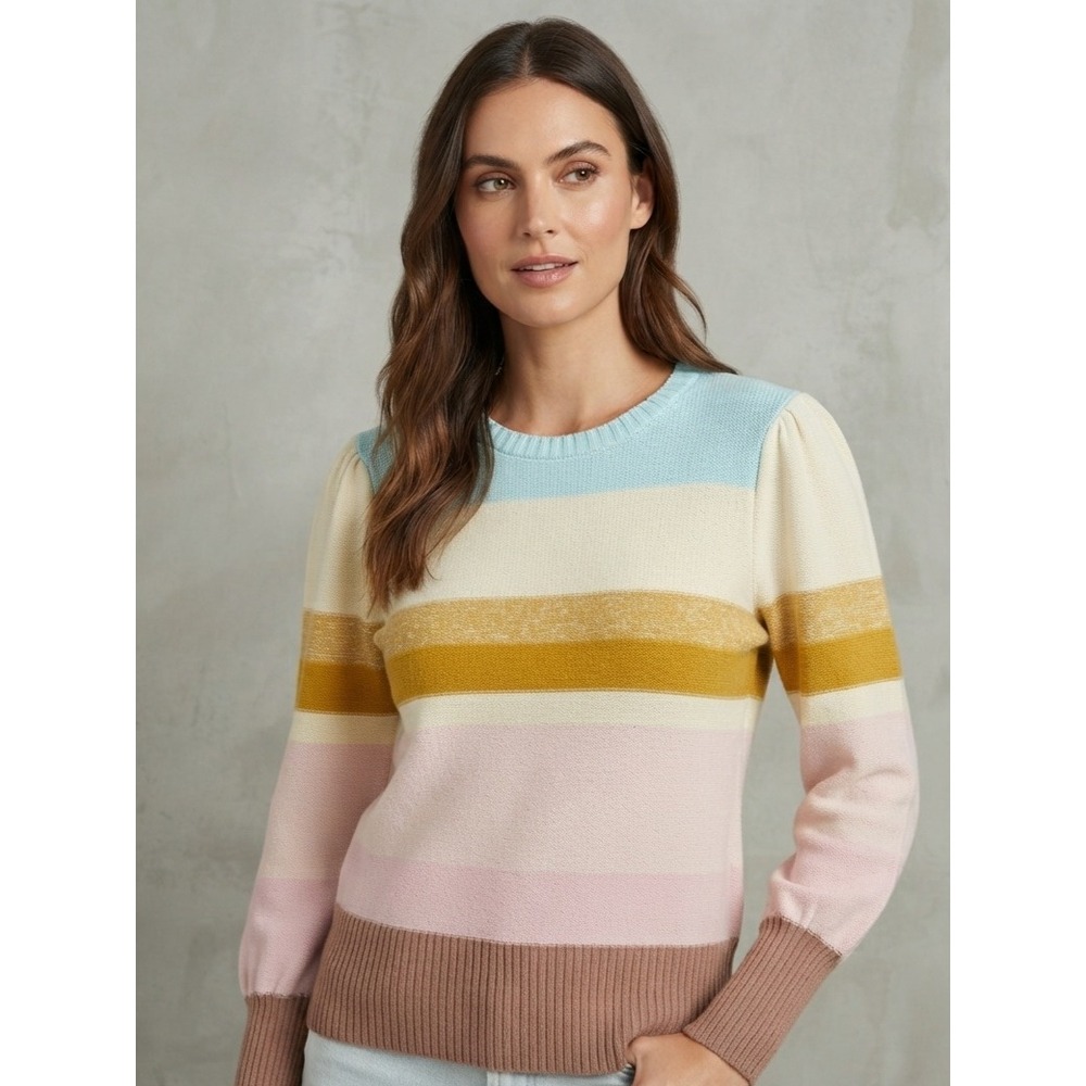 Nine‎ West Striped Pastel Crewneck Puff Sleeve Knit Sweater Large